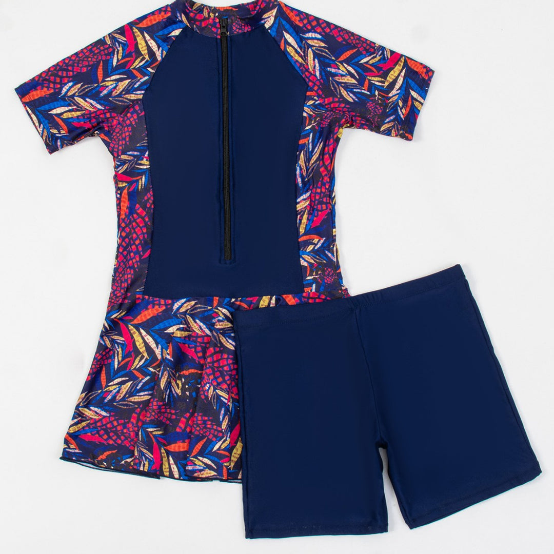 Damen Sportlicher Badeanzug mit Stehkragen und Plissee-Rock EB