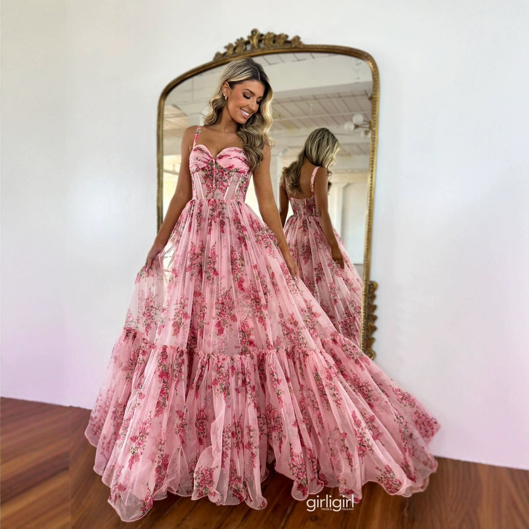 Damen Maxikleid mit floralem Tüll und voluminösem Rock EB