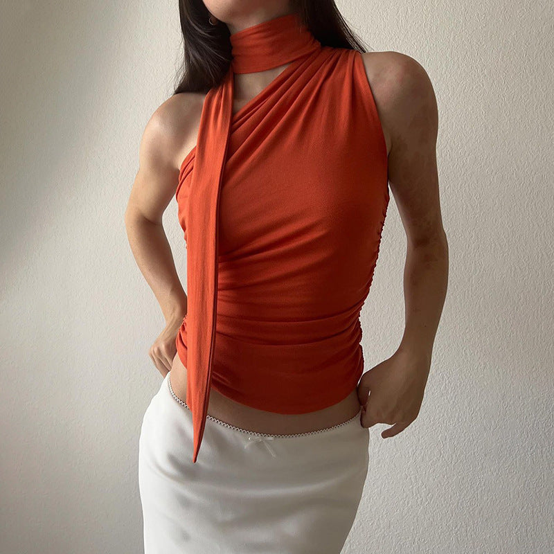 Damen asymmetrisches Top mit bindbaren Schlaufen und Raffung EB