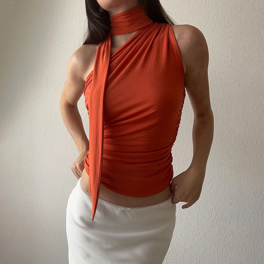 Damen asymmetrisches Top mit bindbaren Schlaufen und Raffung EB