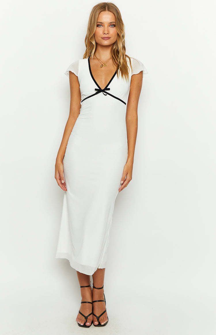 Damen elegantes Maxikleid mit tiefem V-Ausschnitt und raffiniertem Schleifen-Detail EB