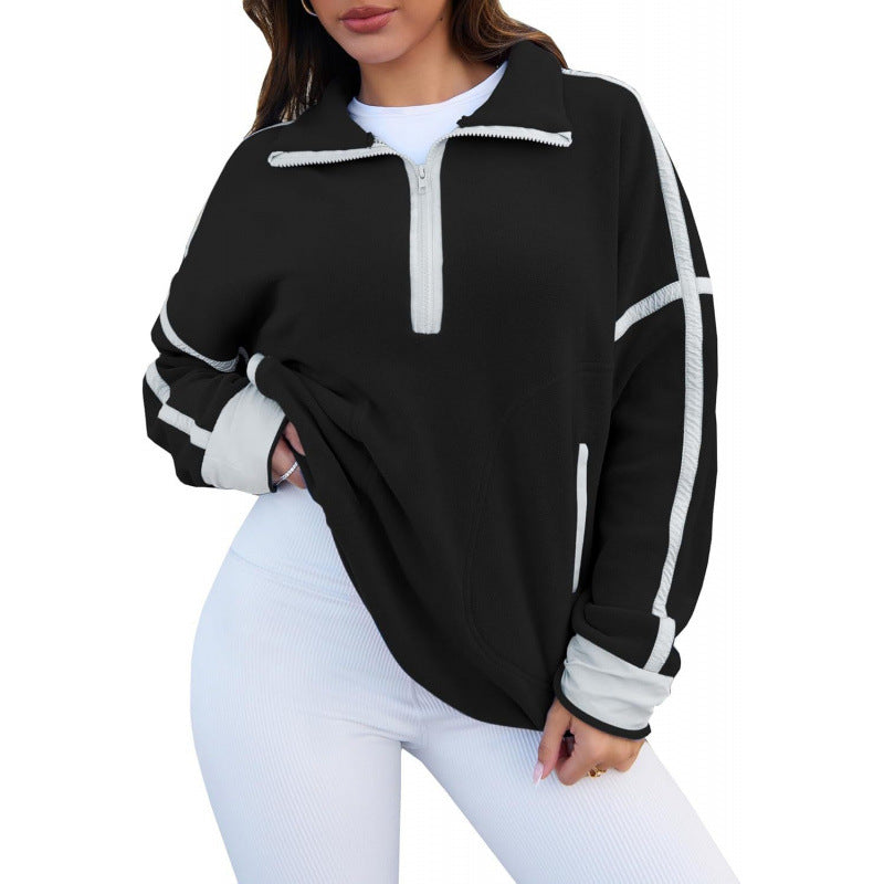 Damen Fleecpullover mit halbem Reißverschluss und kontrastierenden Ärmeln EB