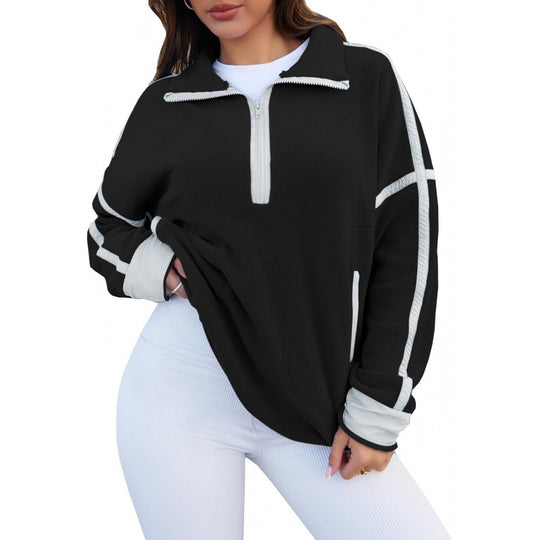 Damen Fleecpullover mit halbem Reißverschluss und kontrastierenden Ärmeln EB