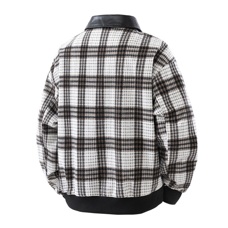 Herren karierte Overshirt-Jacke mit Kunstlederkragen, gefüttertem Innenfutter und elastischen Bündchen EB
