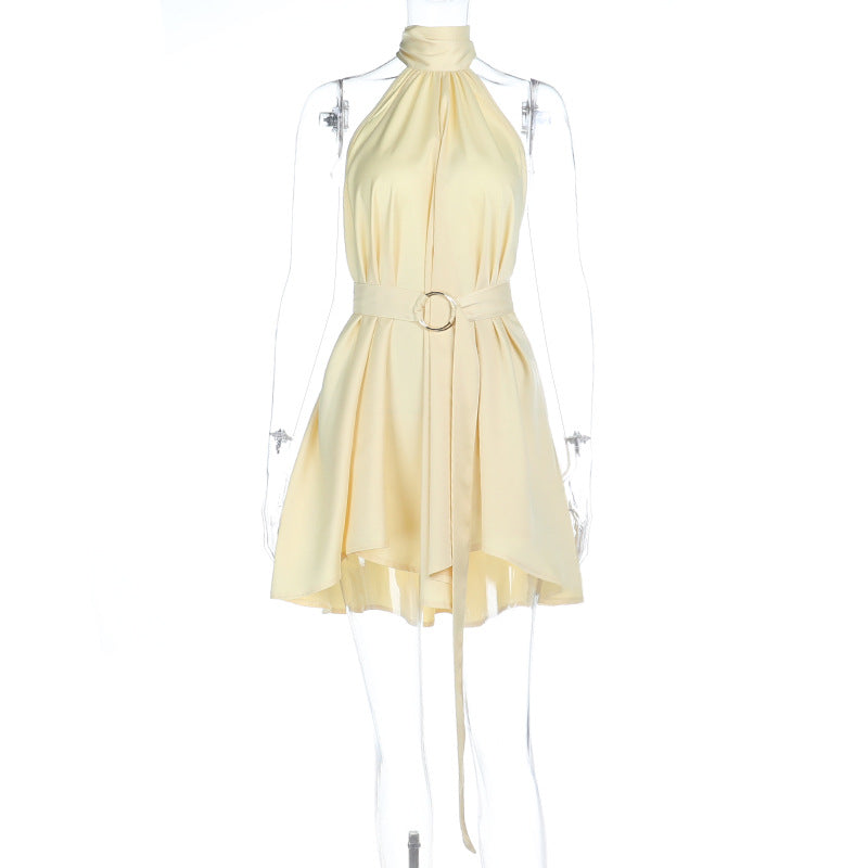 Damen ärmelloses Wickelkleid mit hochgeschlossenem Kragen und Gürtel EB