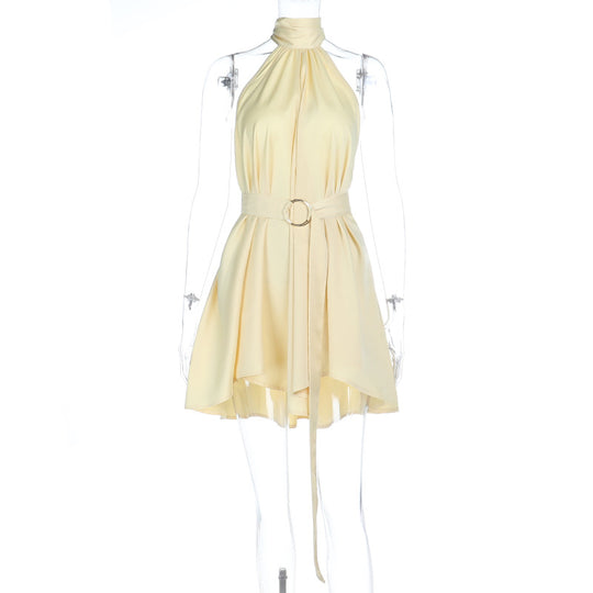 Damen ärmelloses Wickelkleid mit hochgeschlossenem Kragen und Gürtel EB