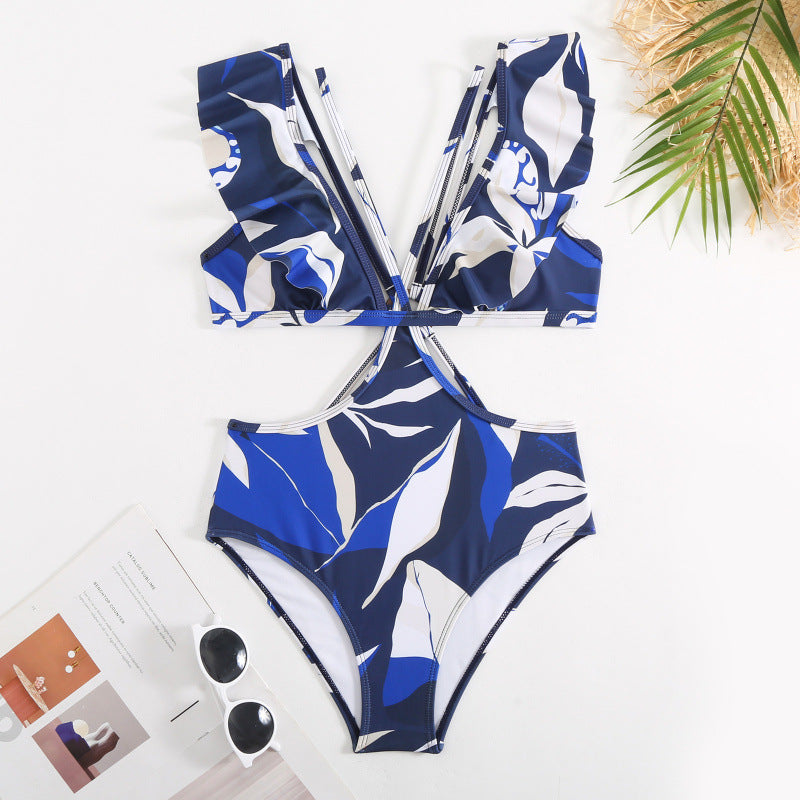 Damen Badeanzug mit elegantem Wickeldesign und voluminösen Rüschendetails EB