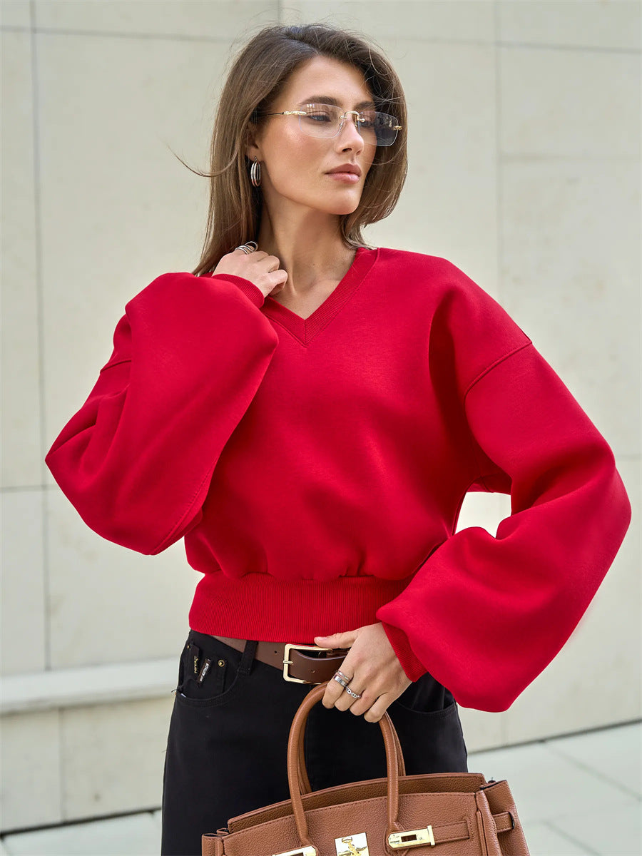 Damen Cropped V-Ausschnitt Pullover mit Ballonärmeln und Rippbund EB