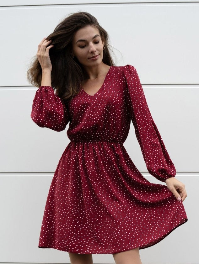 Damen Freizeitkleid mit V-Ausschnitt und Puffärmeln EB