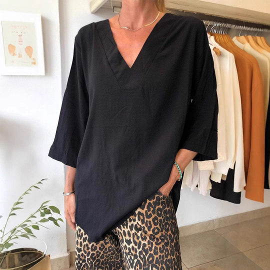 Damen Oversize Tunika mit modernem V-Ausschnitt und lässigen Ärmeln EB