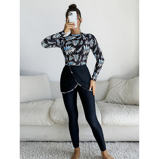Damen Sportliches Badeoberteil mit langem Arm und modischem Wickelrock EB