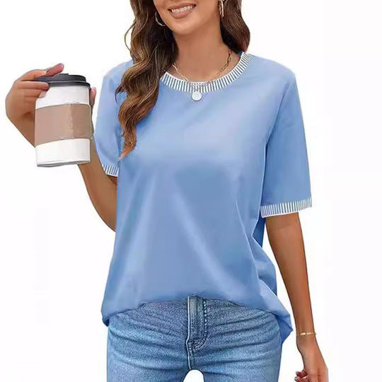 Damen Lässiges Kurzarm-Shirt mit Modischem Streifenkragen EB