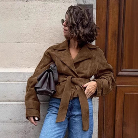 Damen Modische Suede-Blazerjacke mit tailliertem Design und Raffungen EB