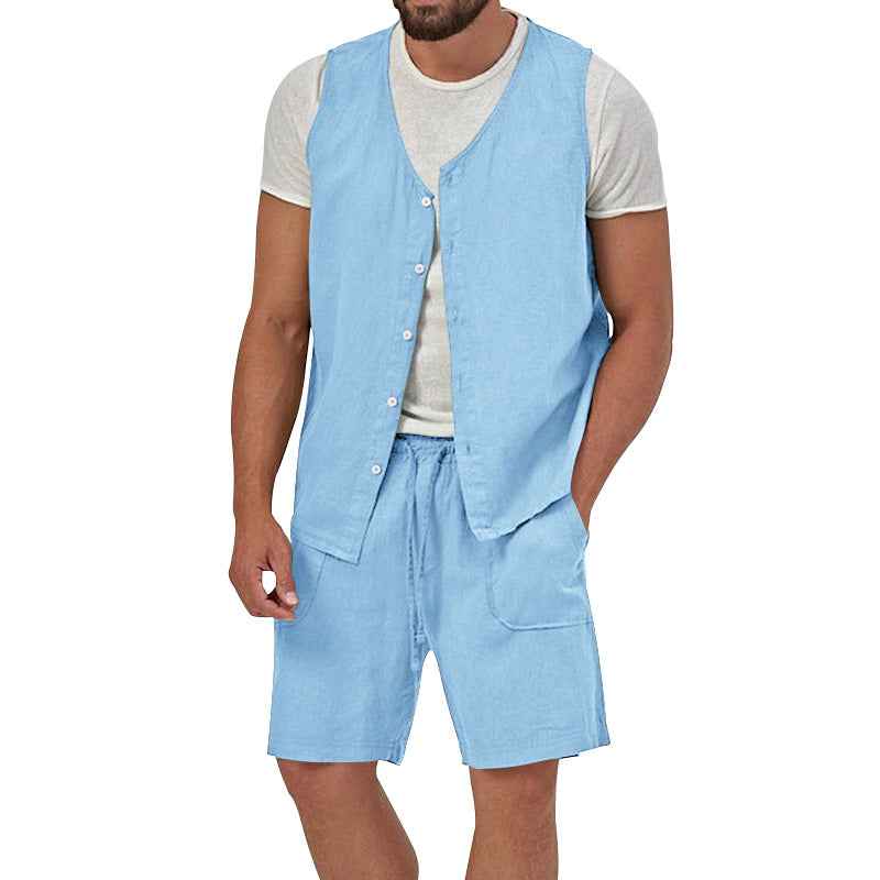 Herren nan zweiteiliges Freizeit-Set mit ärmelloser Knopfweste und weiten Kordelzug-Shorts mit aufgesetzten Taschen EB