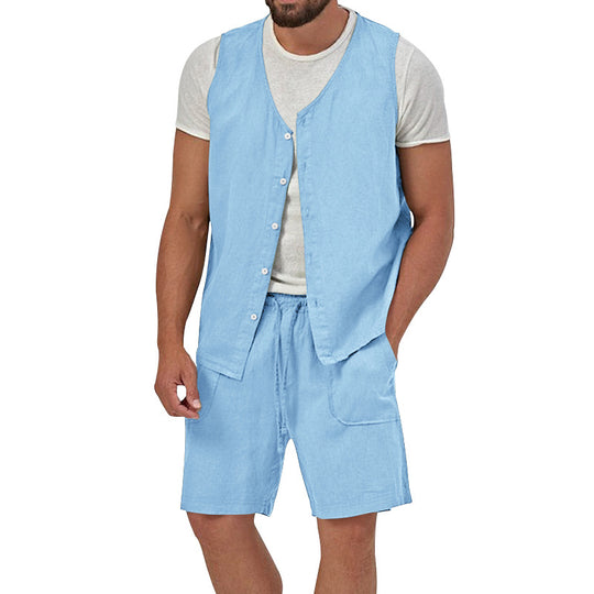 Herren nan zweiteiliges Freizeit-Set mit ärmelloser Knopfweste und weiten Kordelzug-Shorts mit aufgesetzten Taschen EB