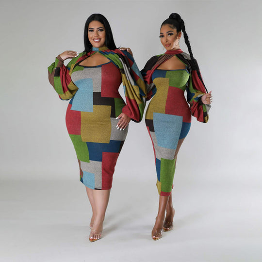 Damen Langarm-Kleid mit geometrischem Schnitt und voluminösen Ärmeln EB