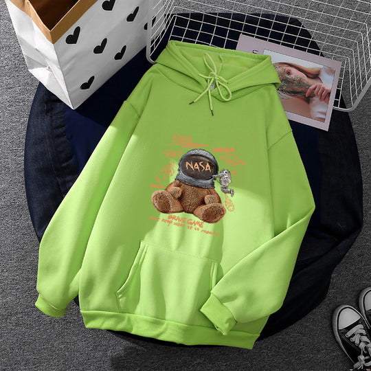 Damen nan lässiger Hoodie mit Astronauten‑Teddy‑Print, Kängurutasche und weichem Fleece-Innenfutter EB