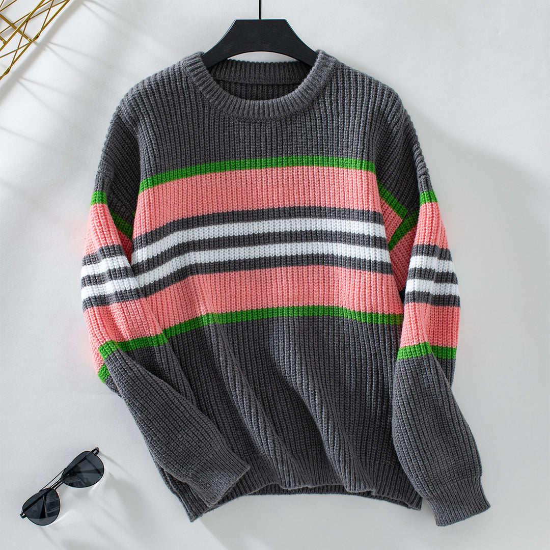 Damen lockerer Strickpullover mit buntem Blockstreifen und Rundhalsausschnitt EB