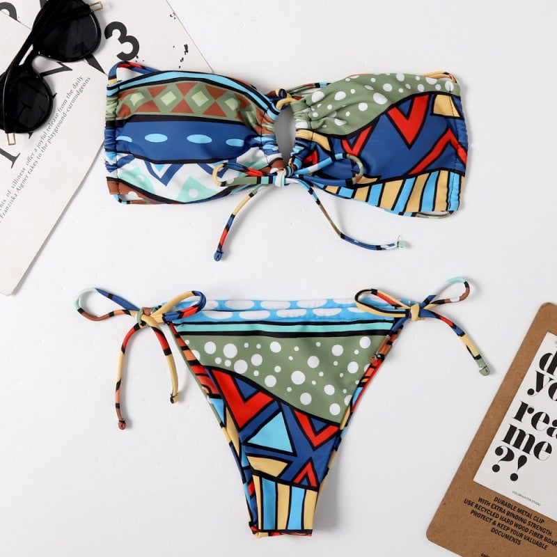 Damen Bandeau-Bikini mit aufregendem Mustermix und verstellbaren Trägern EB