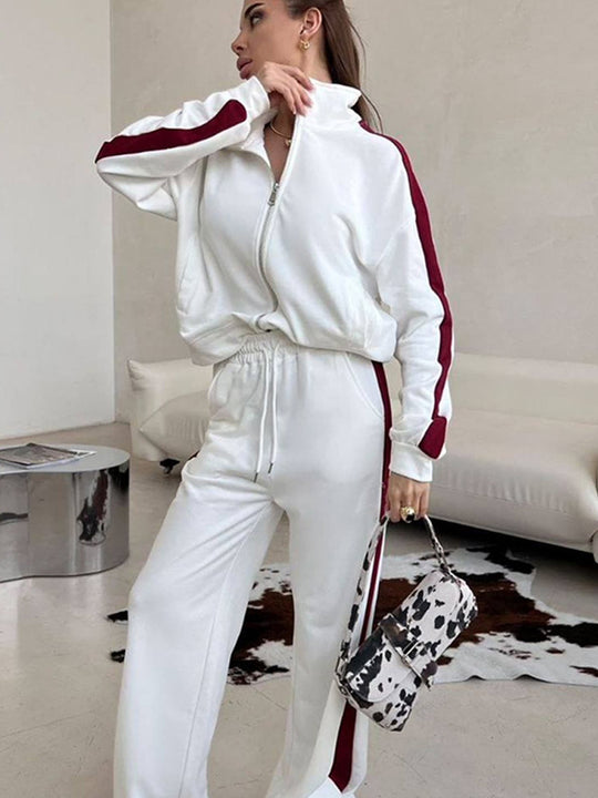 Damen Relaxed-Loungewear-Set mit kurzem Zip-Hoodie und weiter Palazzo-Jogginghose mit Seitenpaspel EB