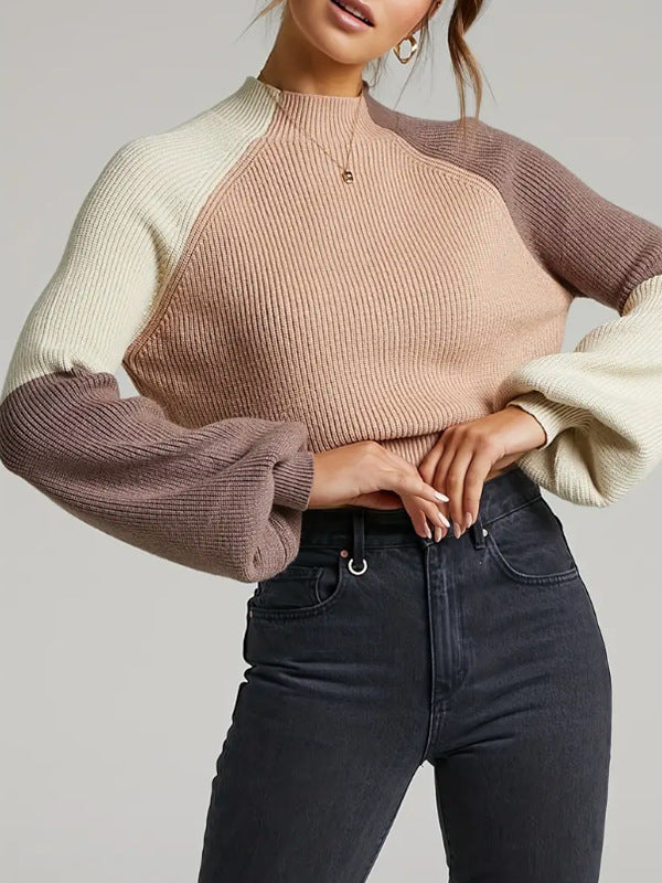 EB | Pullover Sweatshirt Übergröße Fit Gerippter Strick Mock Neck Glockenärmel