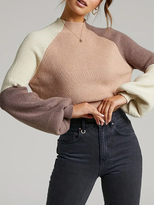 EB | Pullover Sweatshirt Übergröße Fit Gerippter Strick Mock Neck Glockenärmel