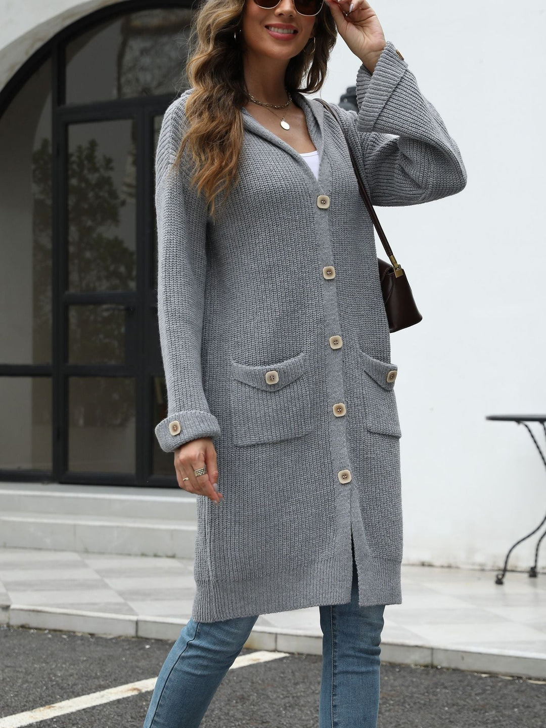 EB | Lange Strickjacke Kapuze und Knopverschluss Lässiger Komfort