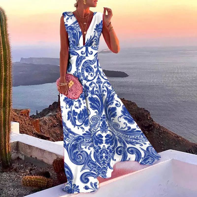 Damen Maxikleid mit geometrischem Schnitt und tiefem V-Ausschnitt EB