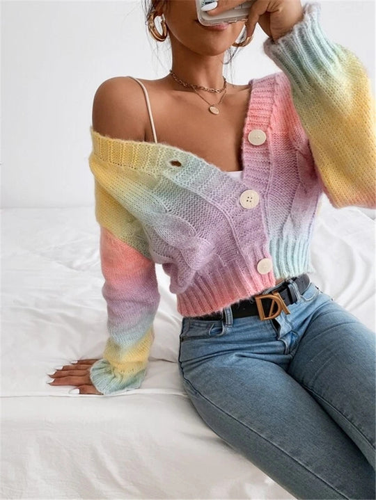 Damen Modischer Oversized-Cardigan mit buntem Farbverlauf und Knopfdetails EB