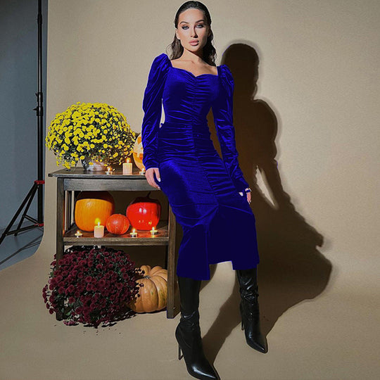Damen Midikleid mit Puffärmeln und elegantem Taillierungsdesign EB