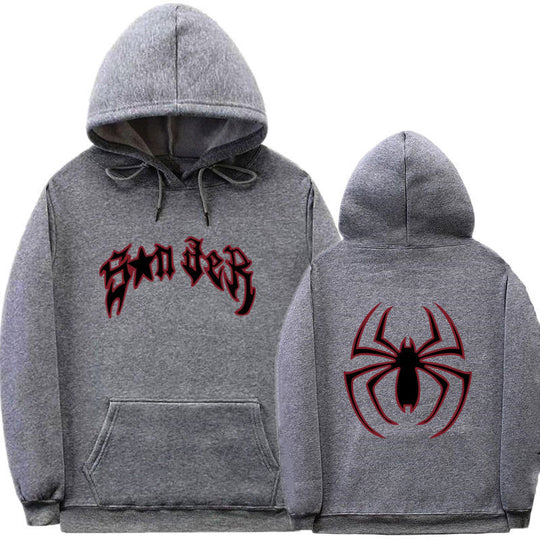 Damen Kapuzenpullover mit auffälligem Spinnenmotiv und grobem Schriftzug EB