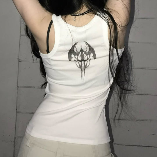 Damen Trendiges Oversized Tanktop mit auffälligem Grafikdruck und Rüschen EB