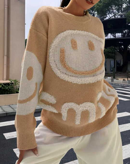 Damen Strickpullover mit fröhlichem Emoji-Motiv und komfortablem Schnitt EB