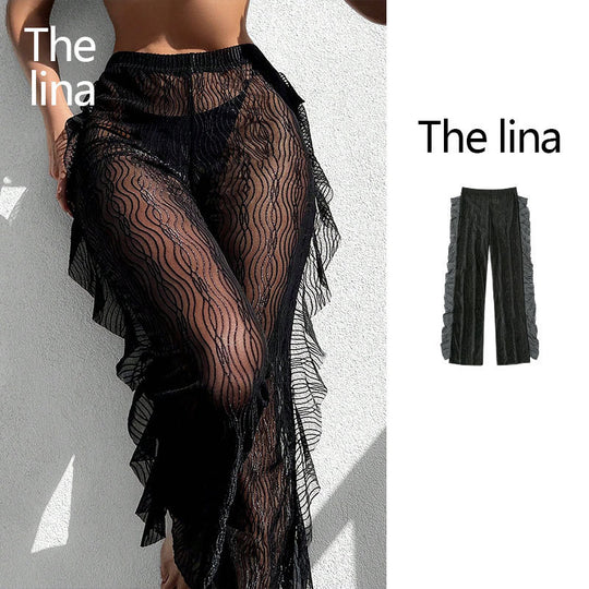 Damen transparente Strandhose mit raffinierter Rüschendetail EB