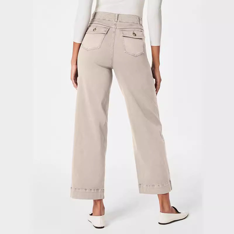Damen Weite High-Waist Hose mit modischen Knopfdetails EB