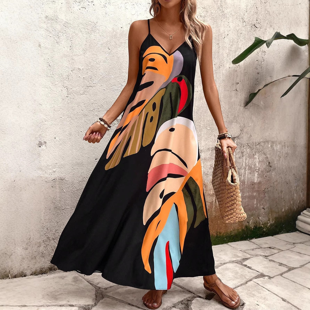 Damen Maxi Kleid mit buntem Pflanzenmuster EB