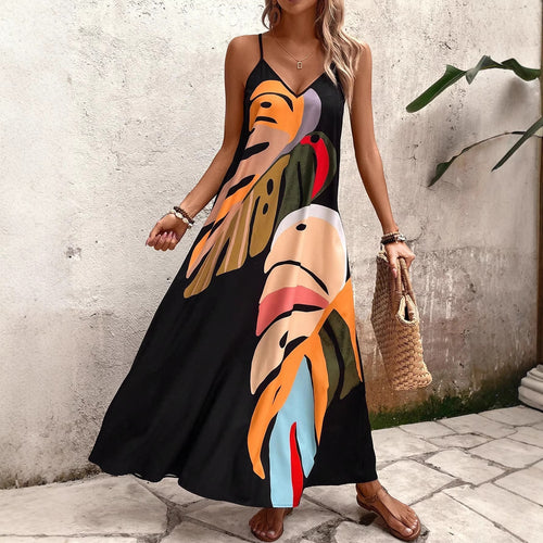 Damen Maxi Kleid mit buntem Pflanzenmuster EB