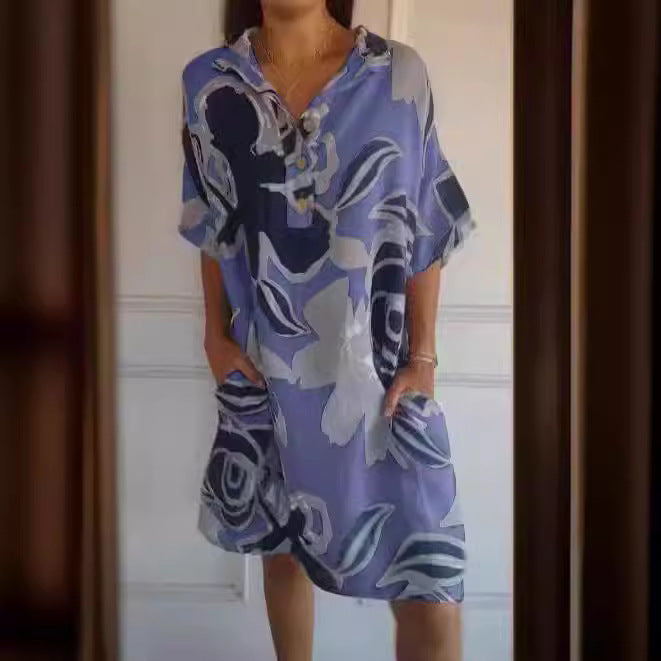 Damen luftiges Strandkleid mit modischem Muster und seitlichen Taschen EB