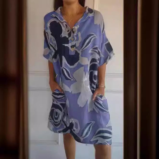 Damen luftiges Strandkleid mit modischem Muster und seitlichen Taschen EB