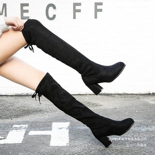 Damen modische Overkneestiefel mit Blockabsatz und raffiniertem Schnürdetail EB