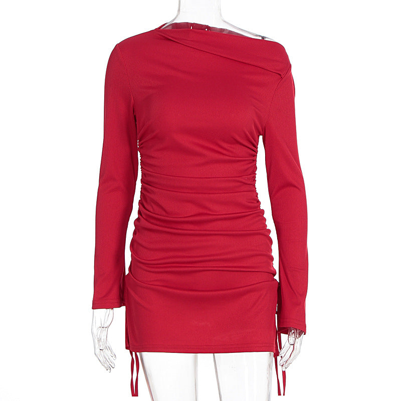 Damen Elegantes figurbetontes Kleid mit asymmetrischem Ausschnitt und Raffungen EB