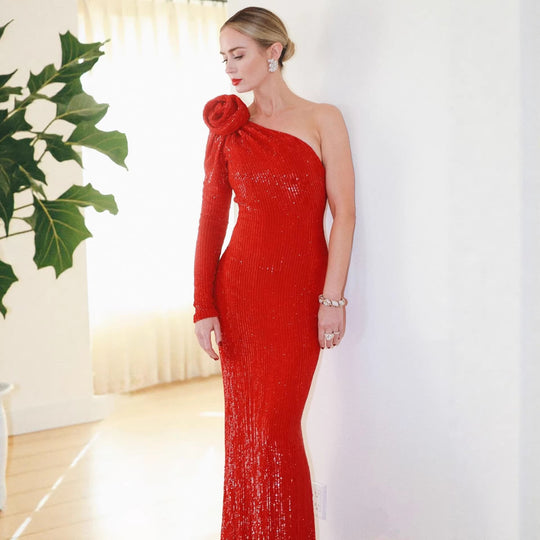Damen Glamouröses Abendkleid mit einseitigem Schulterdesign und Paillettenbesatz EB