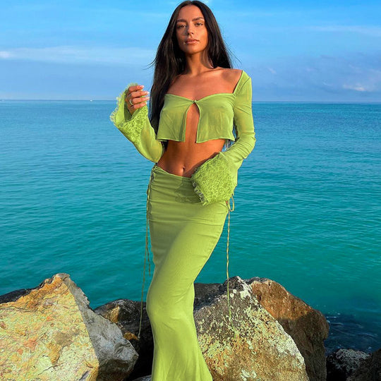 Damen Transparentes Set mit Crop-Top und Maxirock EB