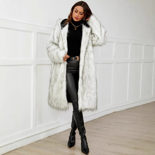 Damen Kunstfell Mantel mit Kapuze und weichem Innenfutter EB