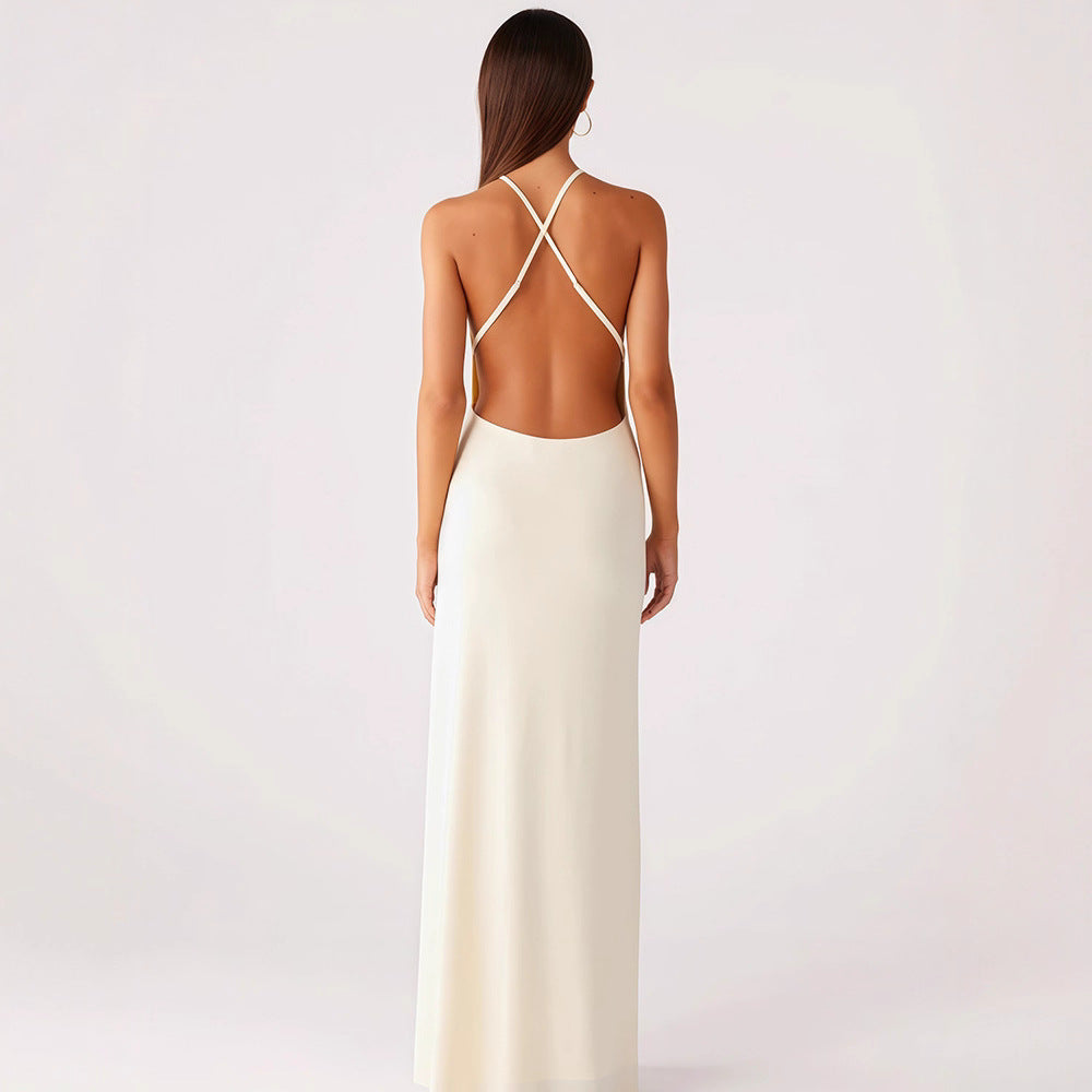 Damen Elegantes Maxikleid mit tiefem Austchnitt und feinen Trägern EB