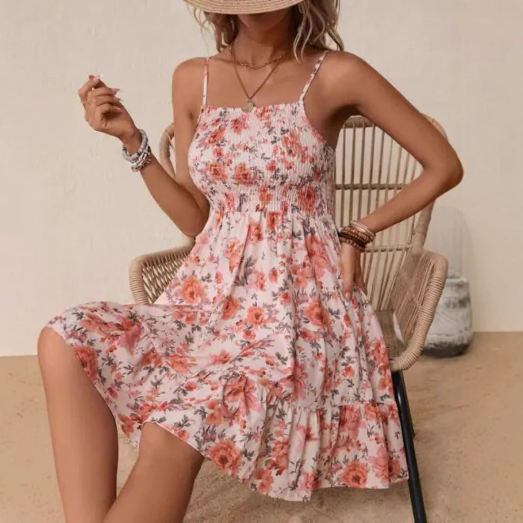 Damen Blumenkleid mit Spaghetti-Trägern und Rüschensaum EB