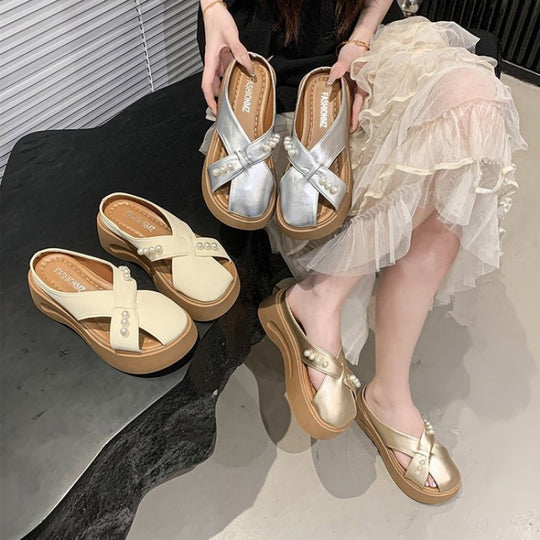 Damen Modische Plateau-Sandalen mit Perlenschmuck EB