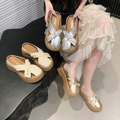 Damen Modische Plateau-Sandalen mit Perlenschmuck EB