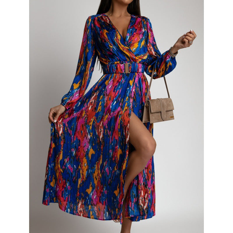 Damen Maxi-Kleid mit tiefem Schlitz und floralem Muster EB