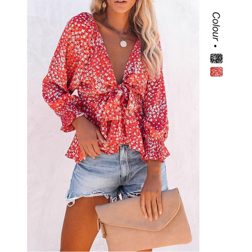 Damen Blusentop mit verspieltem floralem Muster und elegantem Knotendetail EB